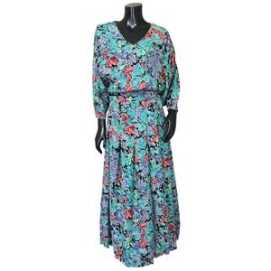 Irene Kasmer Vintage 80s Floral Two Piece Set Maxi Skirt Blouson Top Teal‎ S/M